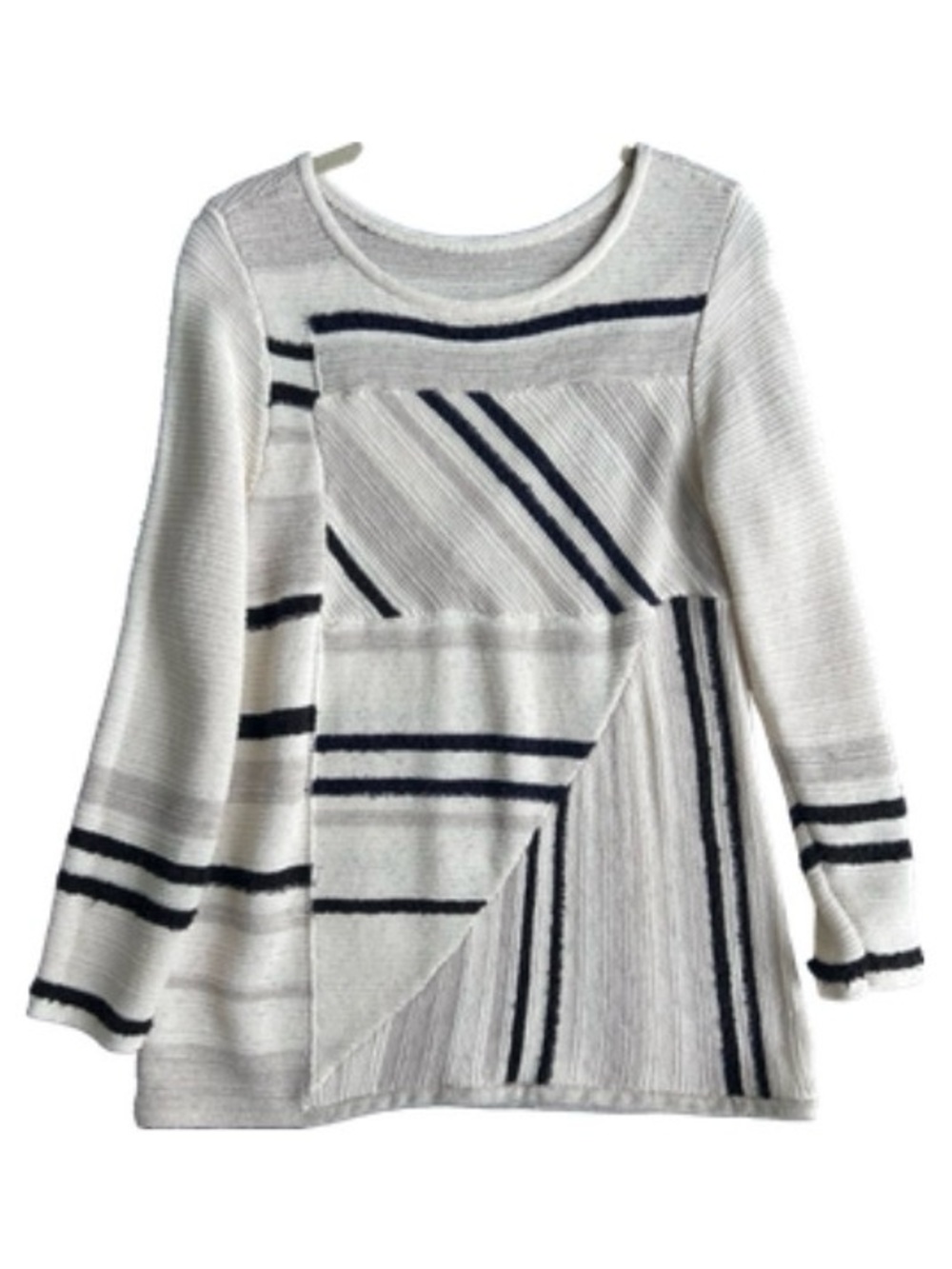 Striped Patchwork Knit Sweater - Cream, Grey and Black